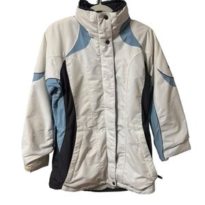 Columbia Women’s Winter Jacket Ski Jacket Optional Hood Size Medium White Blue